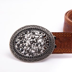 TROT Desert Bloom – Camel Embossed Leather Belt with Antique Floral Buckle